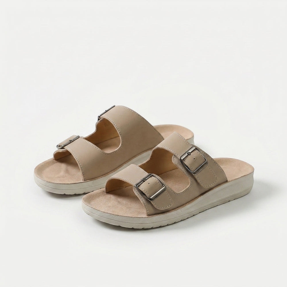 Mae double-buckle comfort slides for women