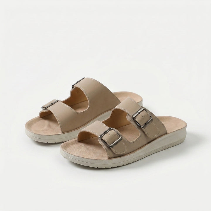 Mae double-buckle comfort slides for women