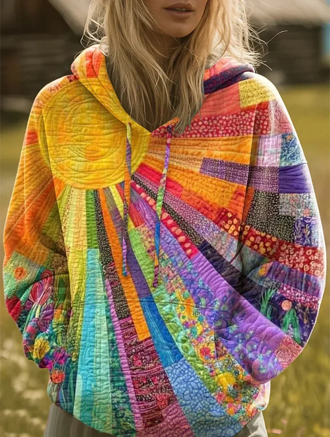 Aurelia multicolor patchwork hooded knit jacket for women