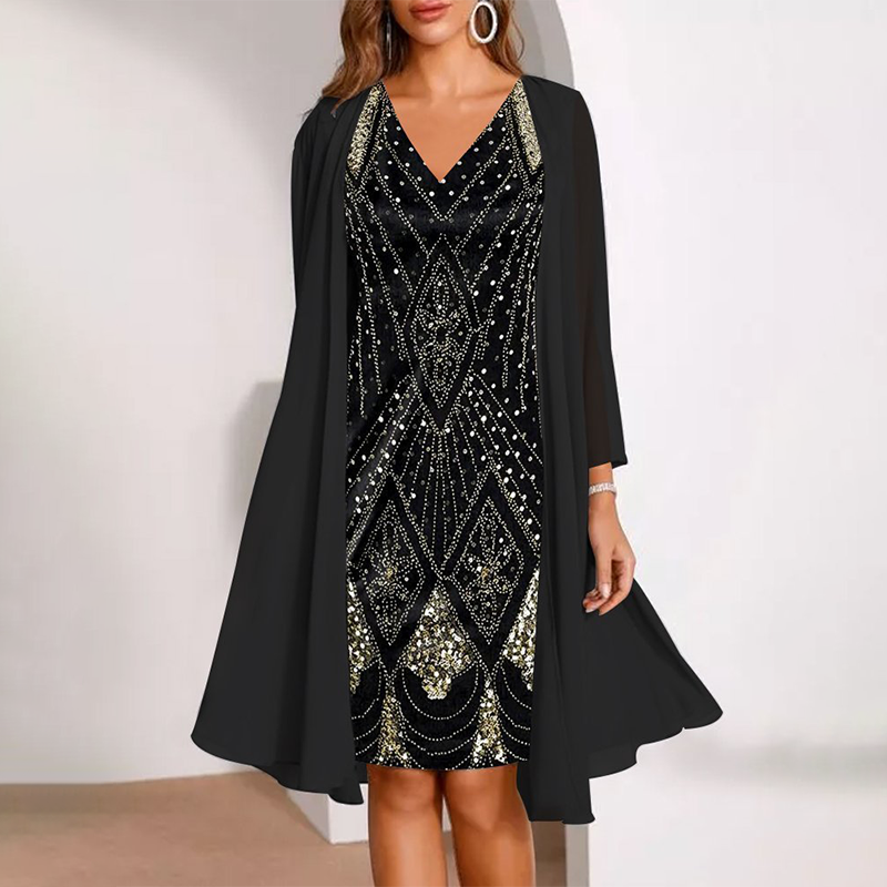 Celeste | Sheer Jacket &amp; V-Neck Dress Set