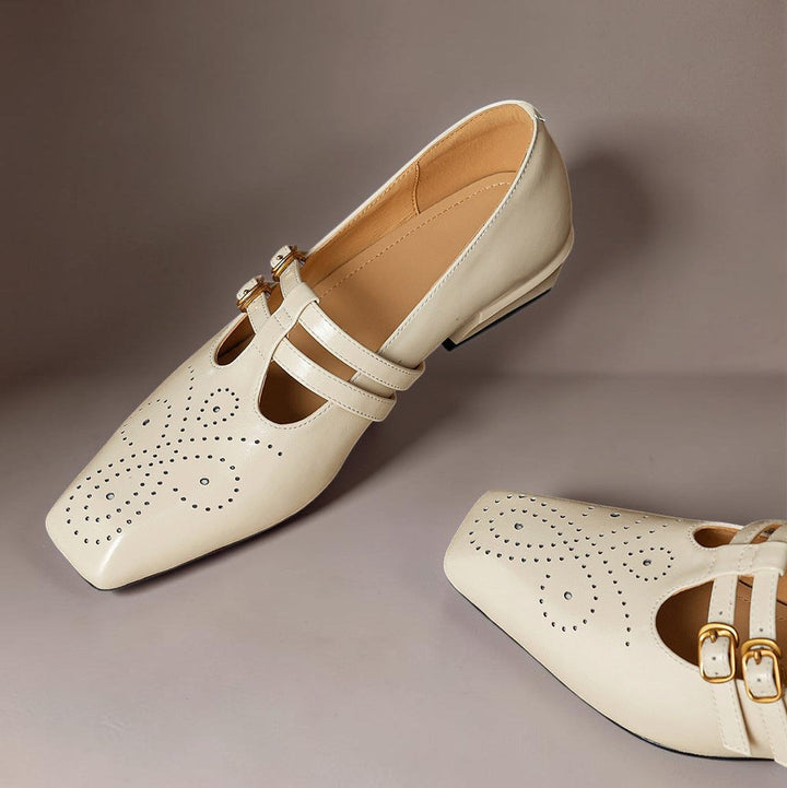 Vivian &amp; Cole Marisol beige leather mary jane pumps with brogue detailing and dual adjustable buckled straps
