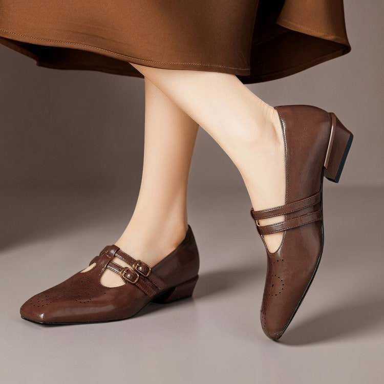Vivian &amp; Cole Marisol brown leather Mary Jane pumps with brogue detailing and dual adjustable buckled straps