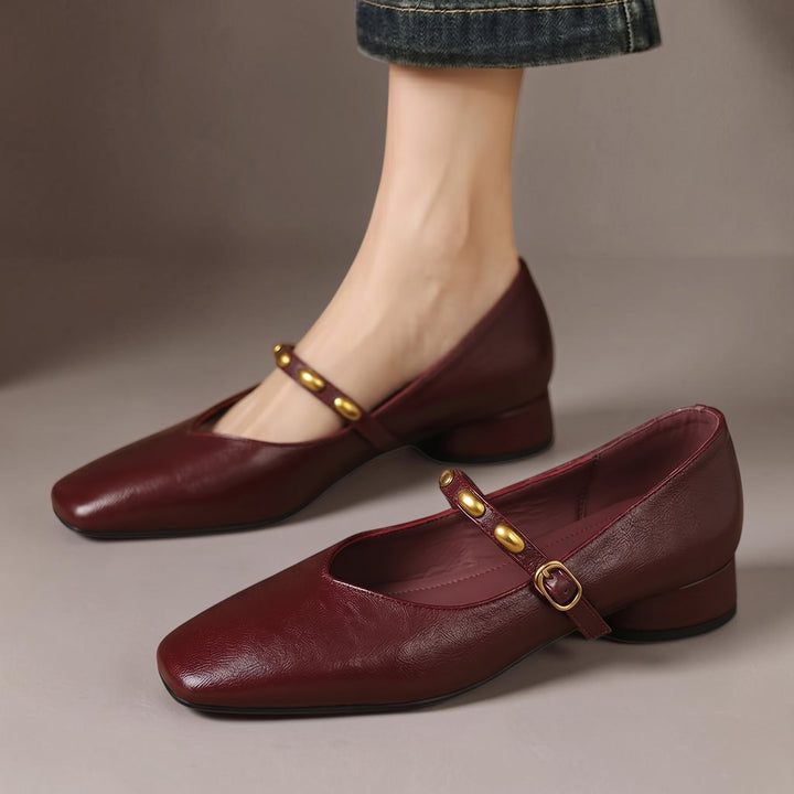 Vivian &amp; Cole Zyra burgundy genuine leather Mary Jane flats with a square toe, low block heel, and gold-tone buckle.