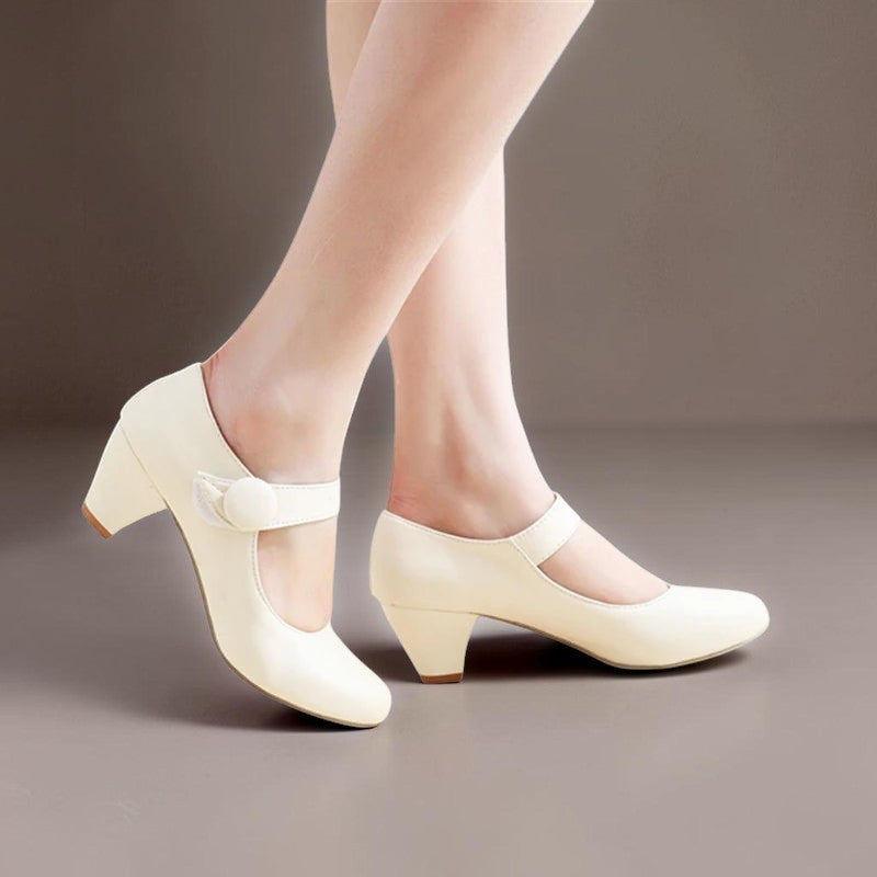 Vivian &amp; Cole Clementine beige block heel Mary Jane shoes with an adjustable instep strap and rounded toe