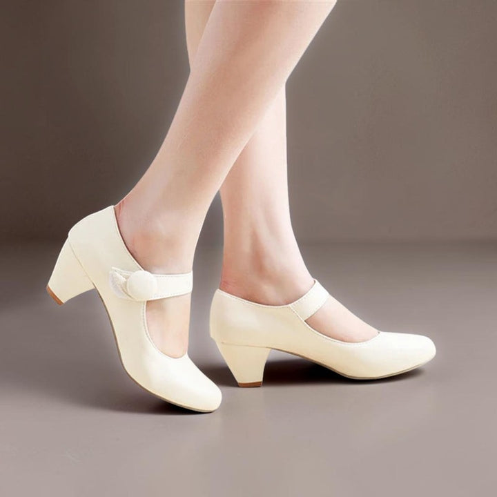 Vivian &amp; Cole Clementine beige block heel Mary Jane shoes with an adjustable instep strap and rounded toe