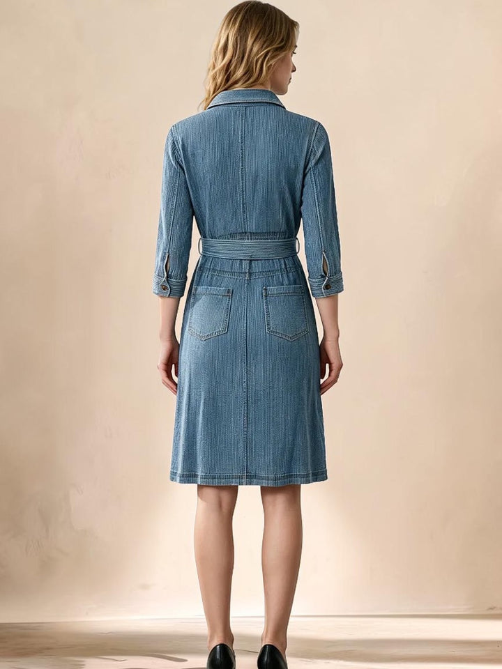 Vivian &amp; Cole Delphine denim dress featuring a structured bodice, back pockets, and three-quarter sleeves in blue.