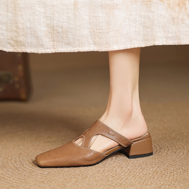 Vivian & Cole Dessa brown genuine leather mules with square toe, cut-out details, and a comfortable low block heel.
