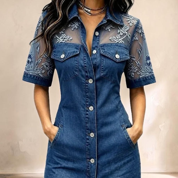 Vivian &amp; Cole blue denim shirt dress featuring delicate lace patchwork panels on the shoulders and short sleeves.
