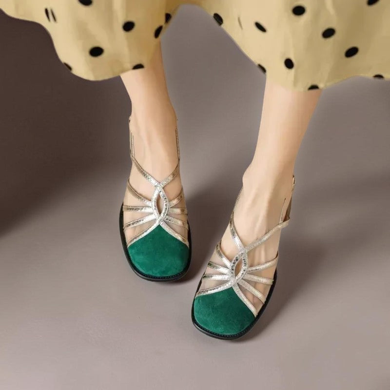 Vivian & Cole Pearl breathable green and metallic silver buckle sandals worn with a polka dot skirt