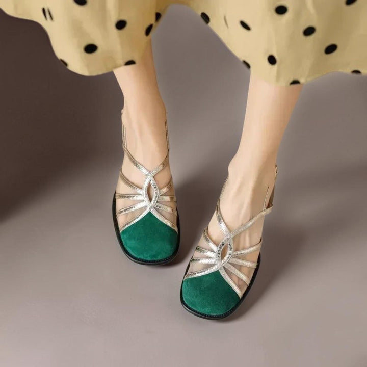 Vivian &amp; Cole Pearl breathable green and metallic silver buckle sandals worn with a polka dot skirt