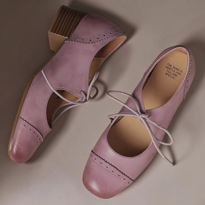 Vivian &amp; Cole purple carved leather oxford shoes with a low block heel and delicate lace-up detailing