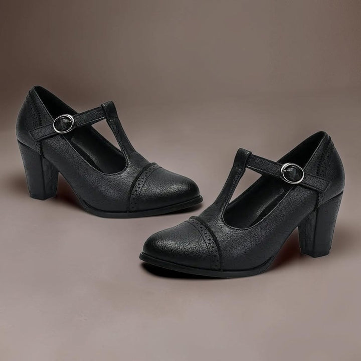Vivian &amp; Cole Wilhelmina black T-strap brogue heels with classic punched detailing and a steady block heel