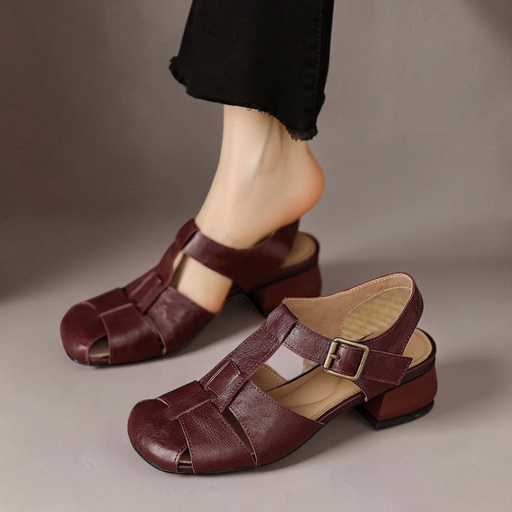 Vivian &amp; Cole Amaya genuine leather square-toe sandals in burgundy with a strappy design and low block heel.