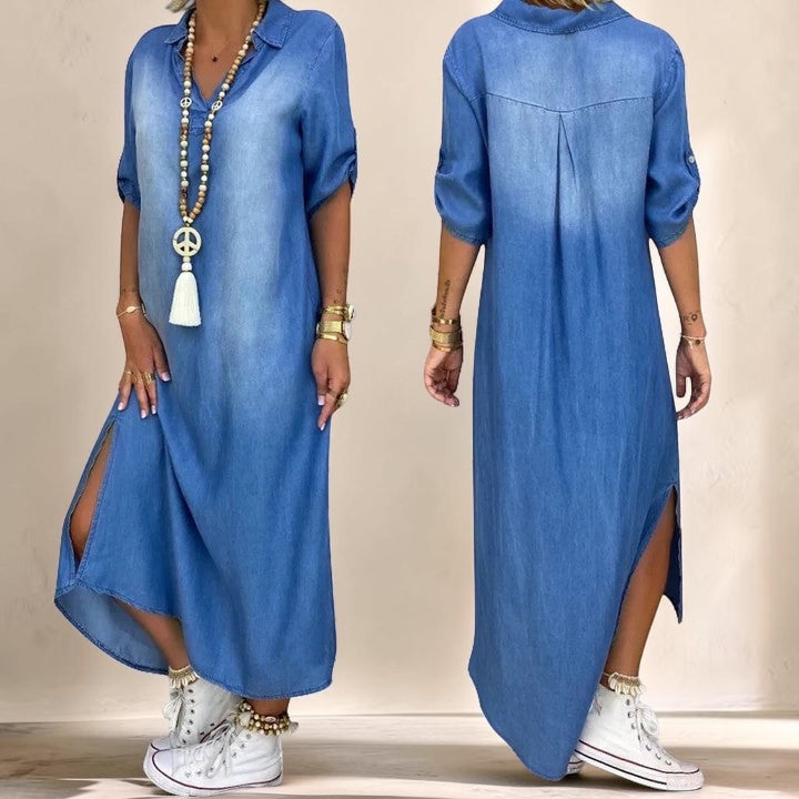 Vivian &amp; Cole Anthyrah denim maxi dress with rolled sleeves, side split, and loose fit in a faded blue wash