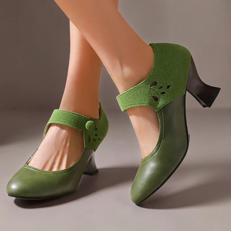 Vivian &amp; Cole Antonia green suede round-toe heels with a stable block heel and decorative ankle strap detail.