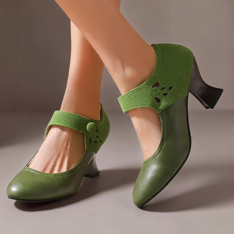 Vivian &amp; Cole Antonia green suede round-toe heels with ankle strap and stable block heel on a model
