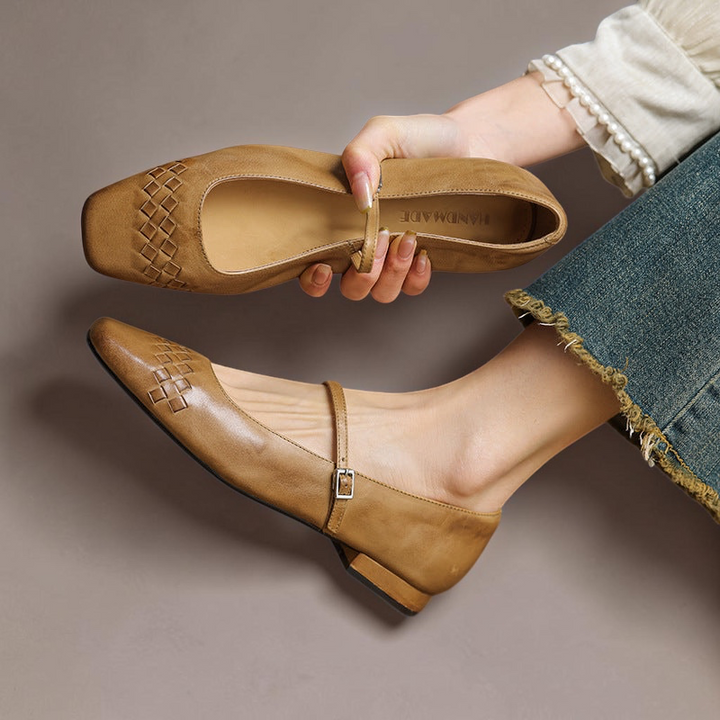 Vivian &amp; Cole Verity apricot burnished leather Mary Jane flats featuring a basket-weave toe and slim adjustable strap