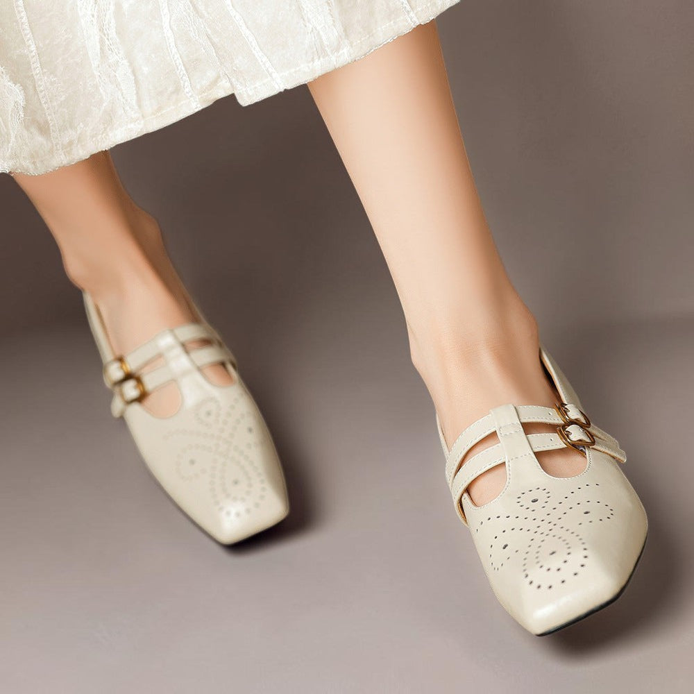 Vivian &amp; Cole Marisol beige leather Mary Jane pumps with brogue detailing and dual adjustable buckled straps