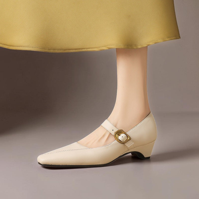 Vivian &amp; Cole beige paneled leather Mary Jane heel with a statement gold-tone buckle and low block heel
