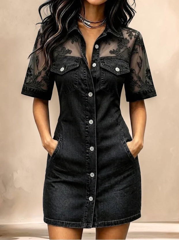 Vivian & Cole black denim shirt dress featuring delicate lace patchwork panels on the shoulders and short sleeves.