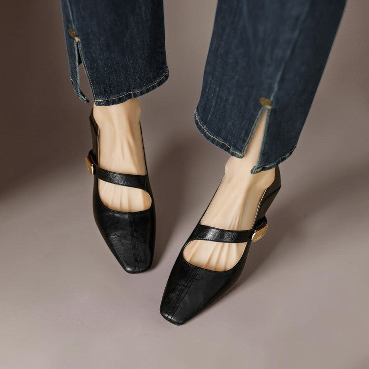 Vivian &amp; Cole black leather Mary Jane pumps with a chiseled square toe, gold bit accent, and low block heel.