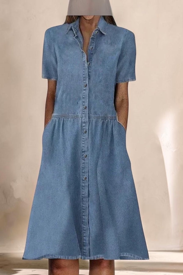 Vivian & Cole Allyssia blue denim midi dress with short sleeves, collar, and full front button closure.