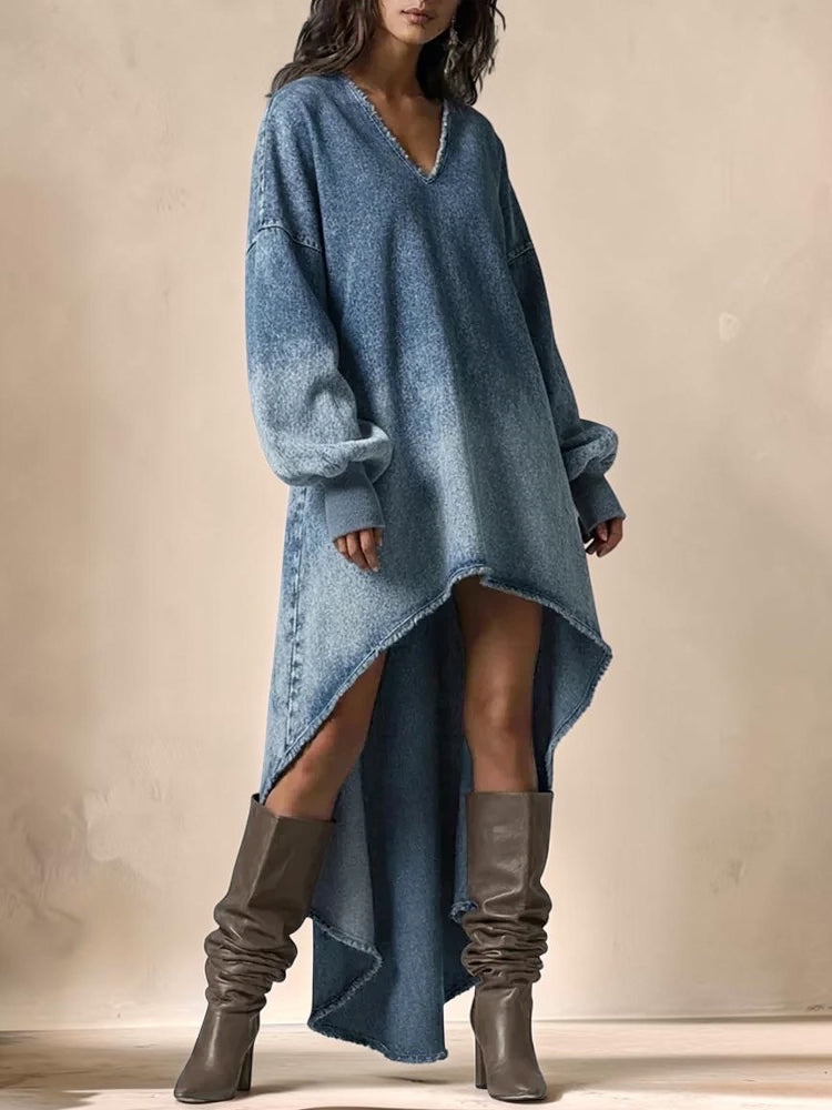 Vivian &amp; Cole blue denim maxi dress with V-neck, lantern sleeves, and a high-low hem worn with slouchy brown boots.
