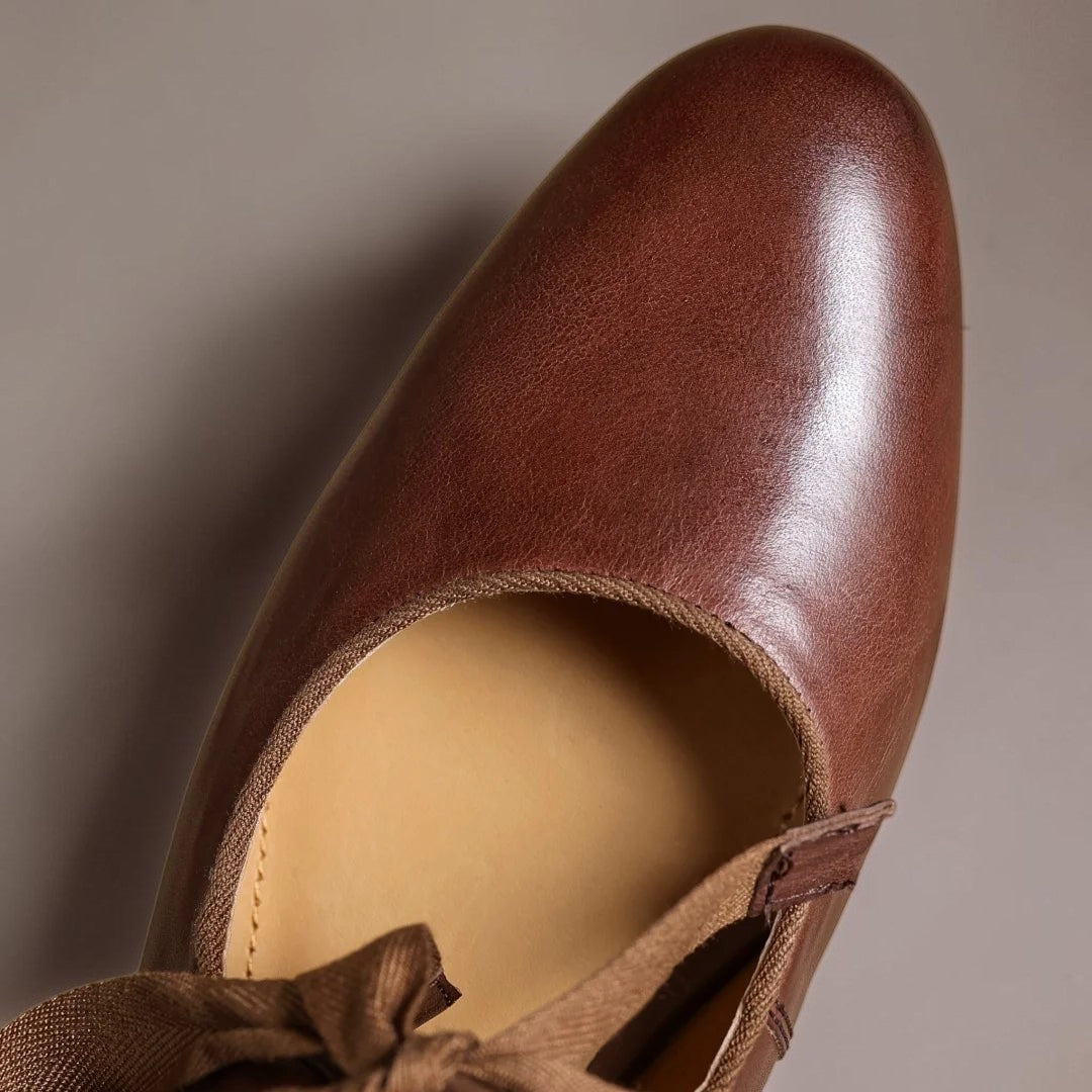 Vivian &amp; Cole Rosamund brown leather Mary Jane flat with a delicate ribbon bow and cushioned interior