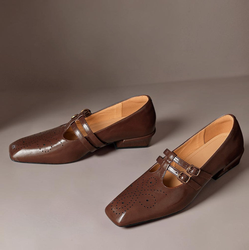 Vivian &amp; Cole Marisol brown leather Mary Jane pumps with brogue detailing and dual adjustable buckled straps