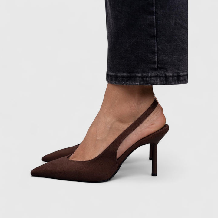 Vivian &amp; Cole Bella dark brown suede pointed-toe slingback heels with orthopedic comfort.