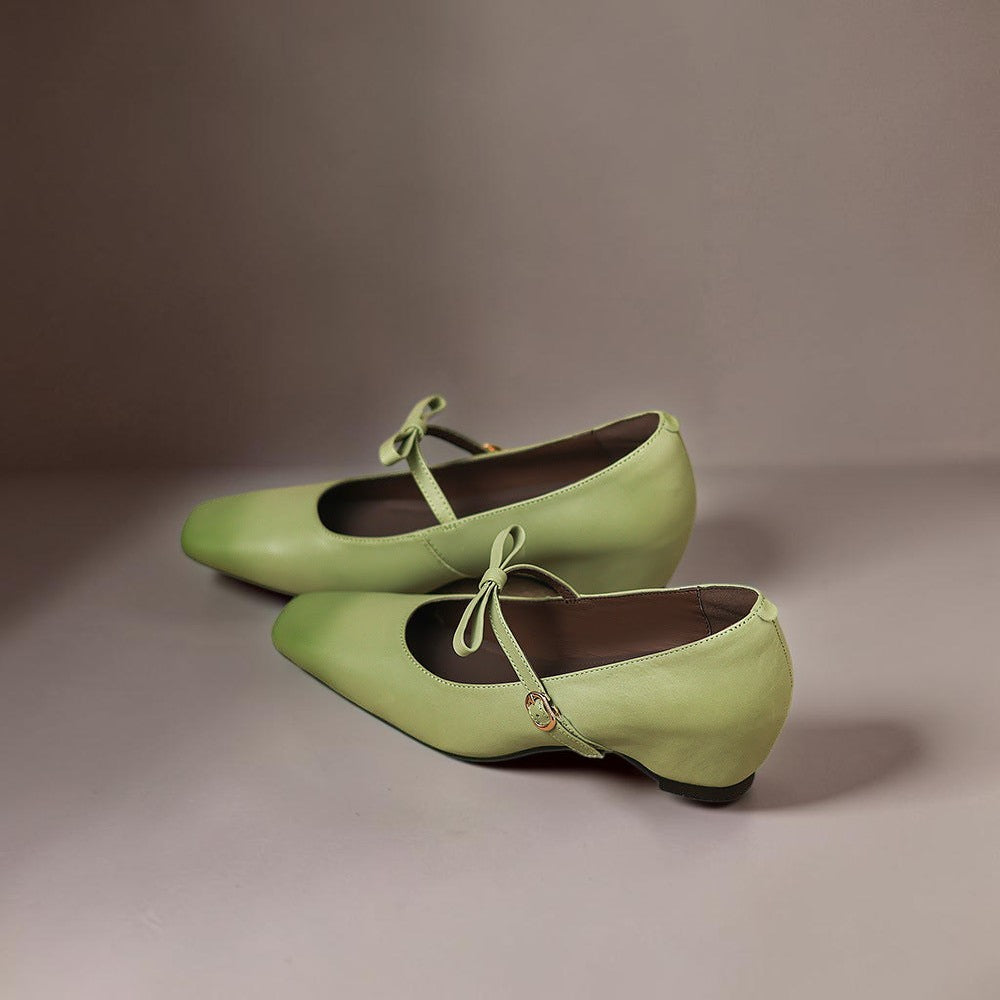 Vivian &amp; Cole Bryony green leather Mary Jane pumps with a bow-tie strap and a concealed block heel