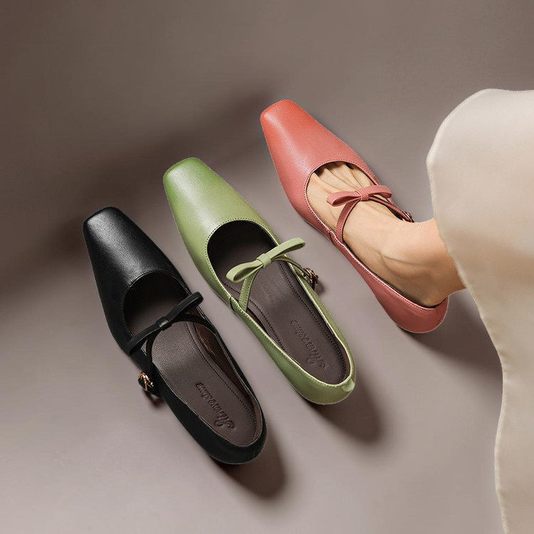 Vivian &amp; Cole Bryony leather Mary Jane pumps in black, green, and pink with bow-tie straps and concealed block heels.