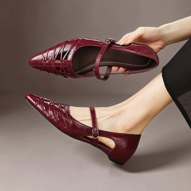 Vivian & Cole burgundy leather Mary Jane flats with pointed toe and lattice-cut detailing and adjustable buckled strap