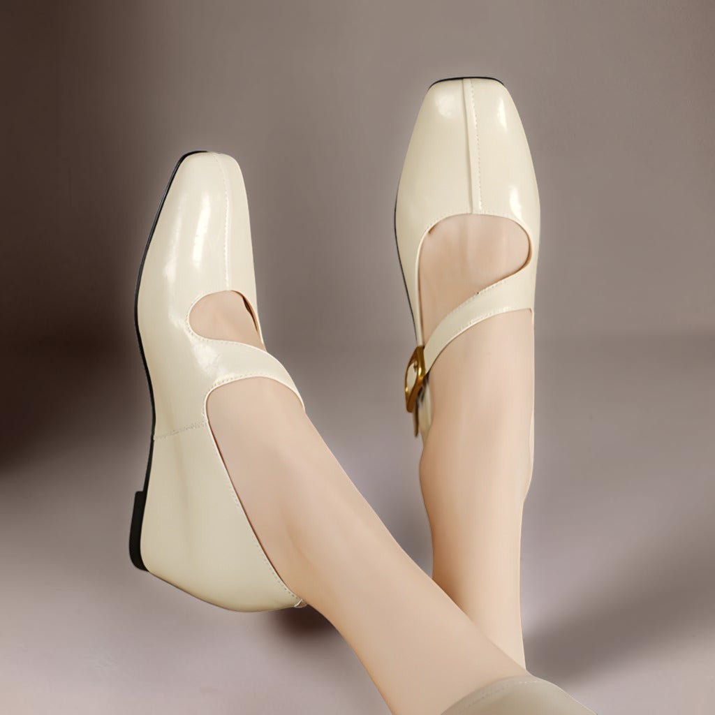 Vivian &amp; Cole Viora cream glossy genuine leather Mary Jane heels with a square toe and tilted buckle strap