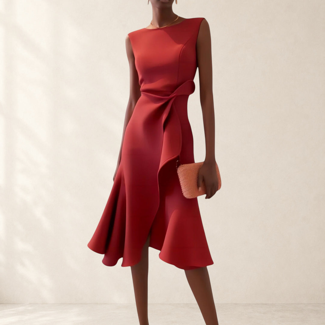 Vivian & Cole Darlene red sleeveless midi dress with asymmetric ruffle detail and bow accent.