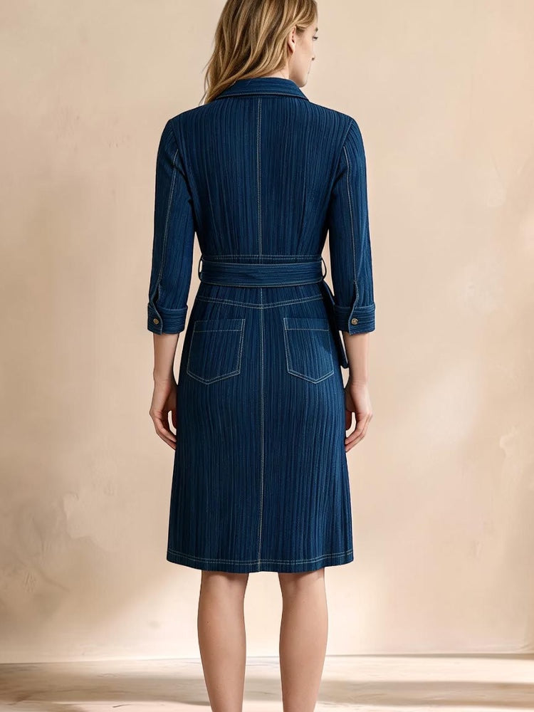 Vivian &amp; Cole Delphine dress in deep blue textured denim with a belted waist and three-quarter sleeves, back view