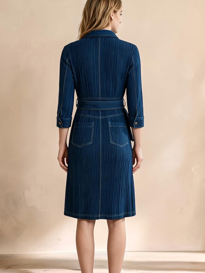 Vivian &amp; Cole Delphine dress in deep blue textured denim with a belted waist and three-quarter sleeves, back view