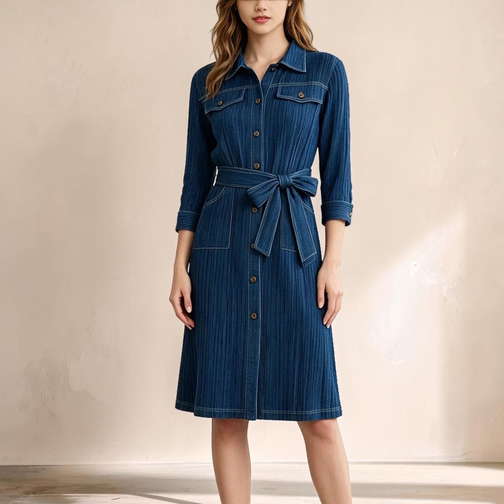 Vivian &amp; Cole Delphine midi dress in deep blue with a button-up denim-look bodice, collar, and a matching waist tie.