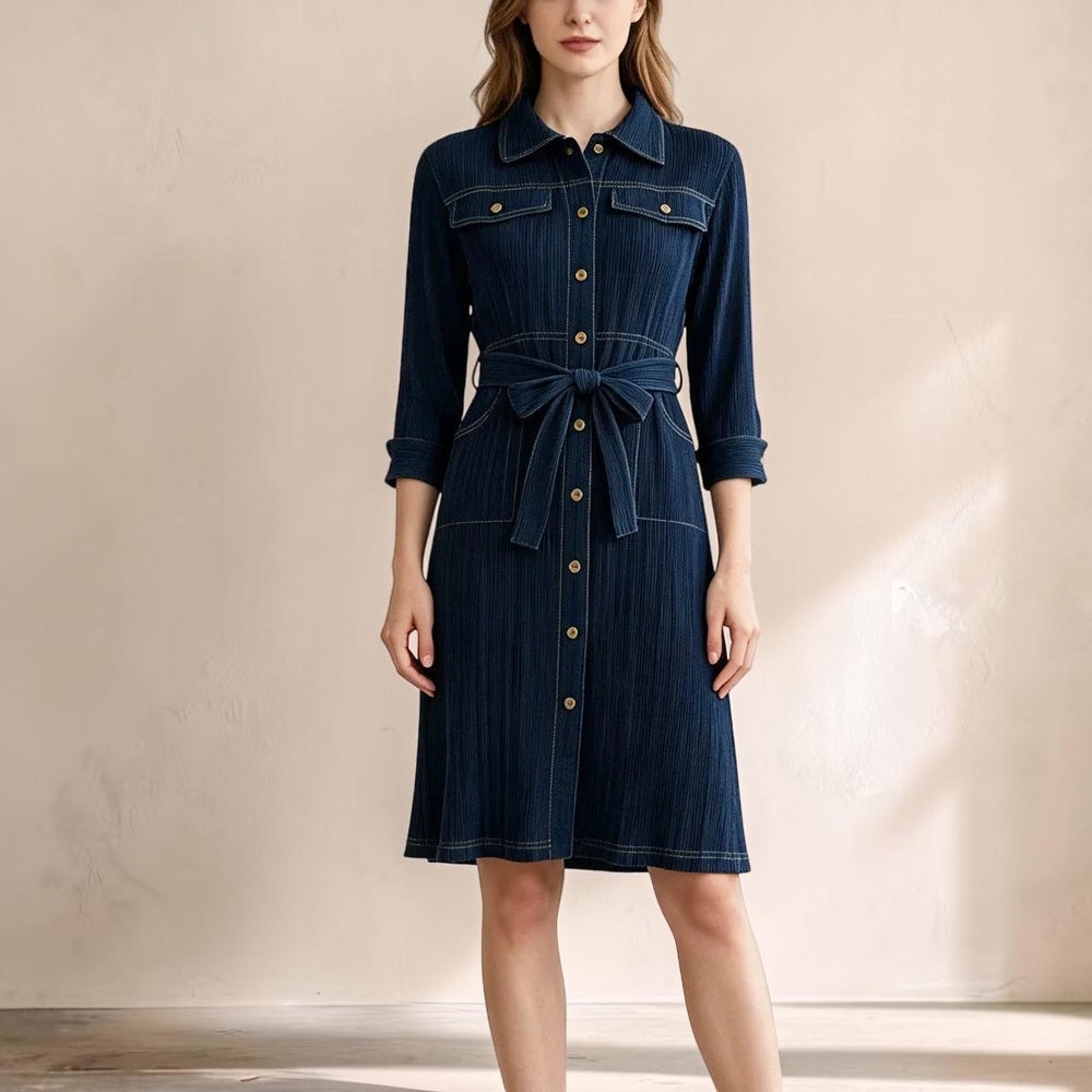 Vivian &amp; Cole Delphine deep blue denim-look midi dress with a collared bodice, button front, and waist tie belt.