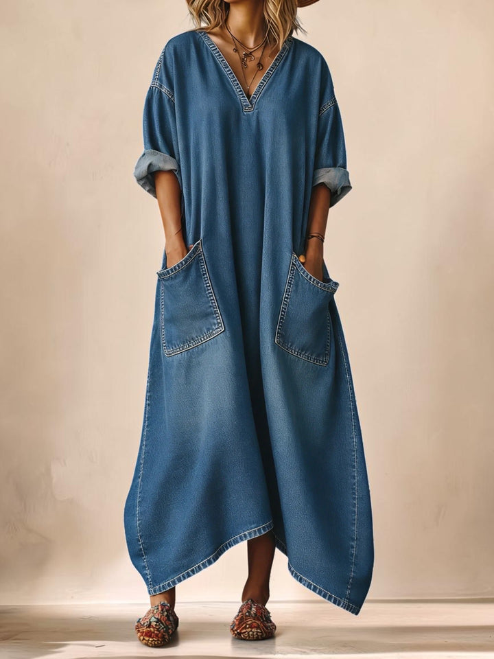 Vivian &amp; Cole denim maxi dress with balloon sleeves, V-neck, and large front pockets in a relaxed urban style