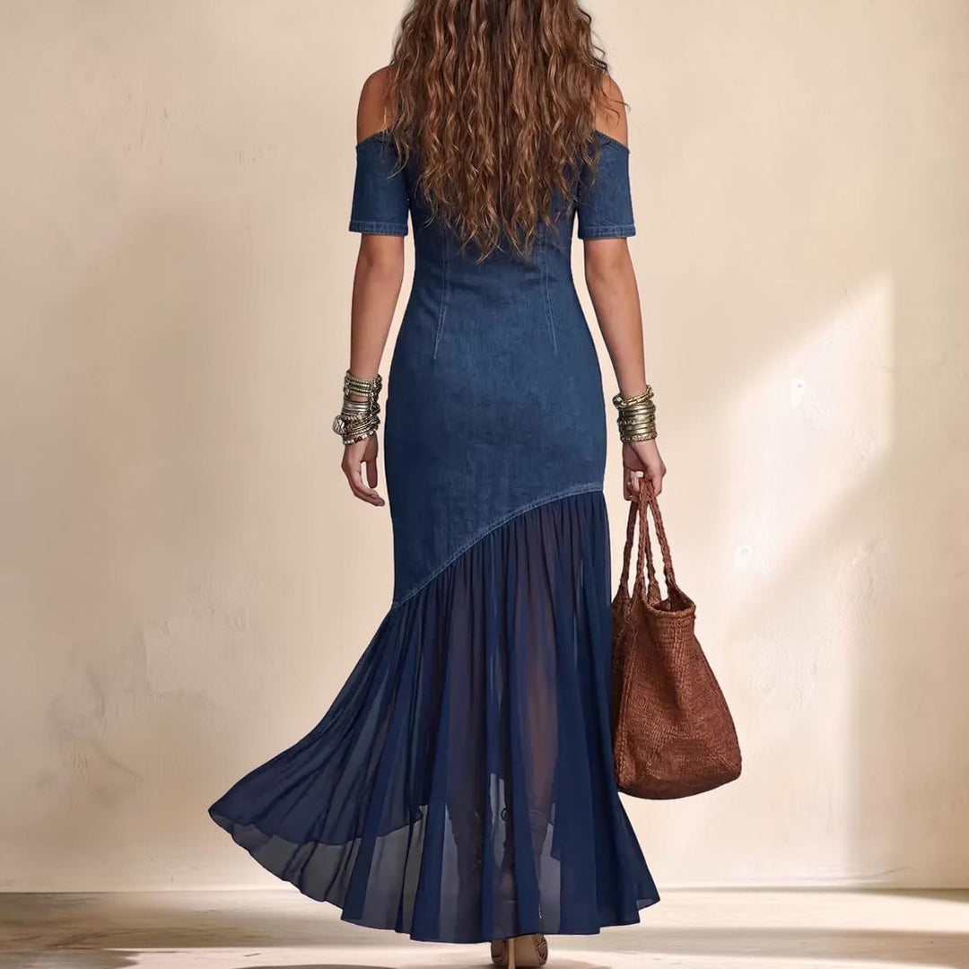 Vivian &amp; Cole deep blue denim maxi dress with cold shoulder cut-outs and a flowing chiffon-spliced hem, back view