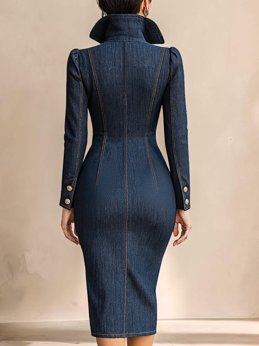 Back view of a Vivian &amp; Cole dark blue denim midi dress with structured shoulders and gold button cuffs