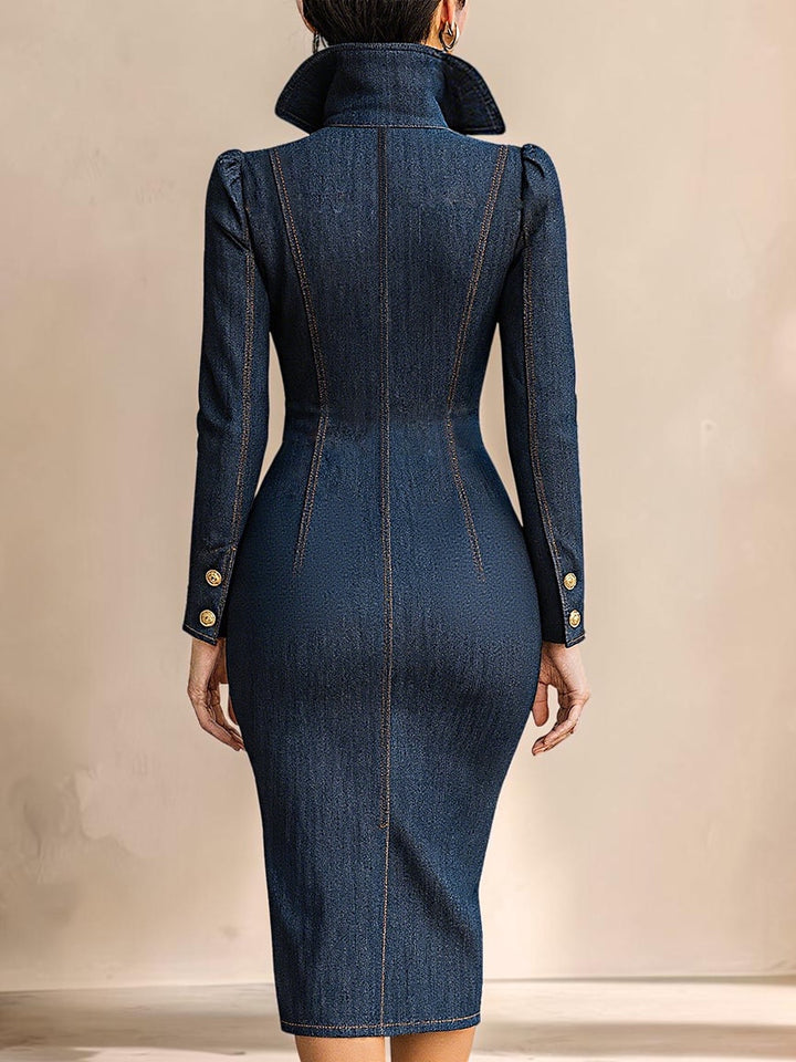 Back view of a Vivian &amp; Cole dark blue denim midi dress with structured shoulders and gold button cuffs