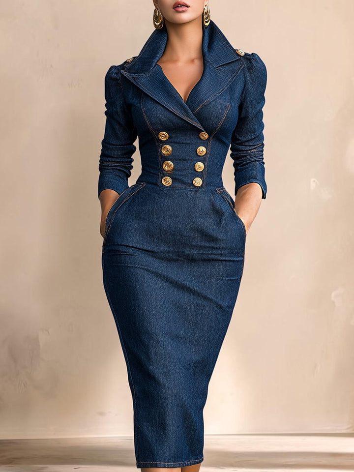Vivian &amp; Cole dark blue denim midi dress with gold buttons, wide lapels, structured shoulders, and tailored waist.