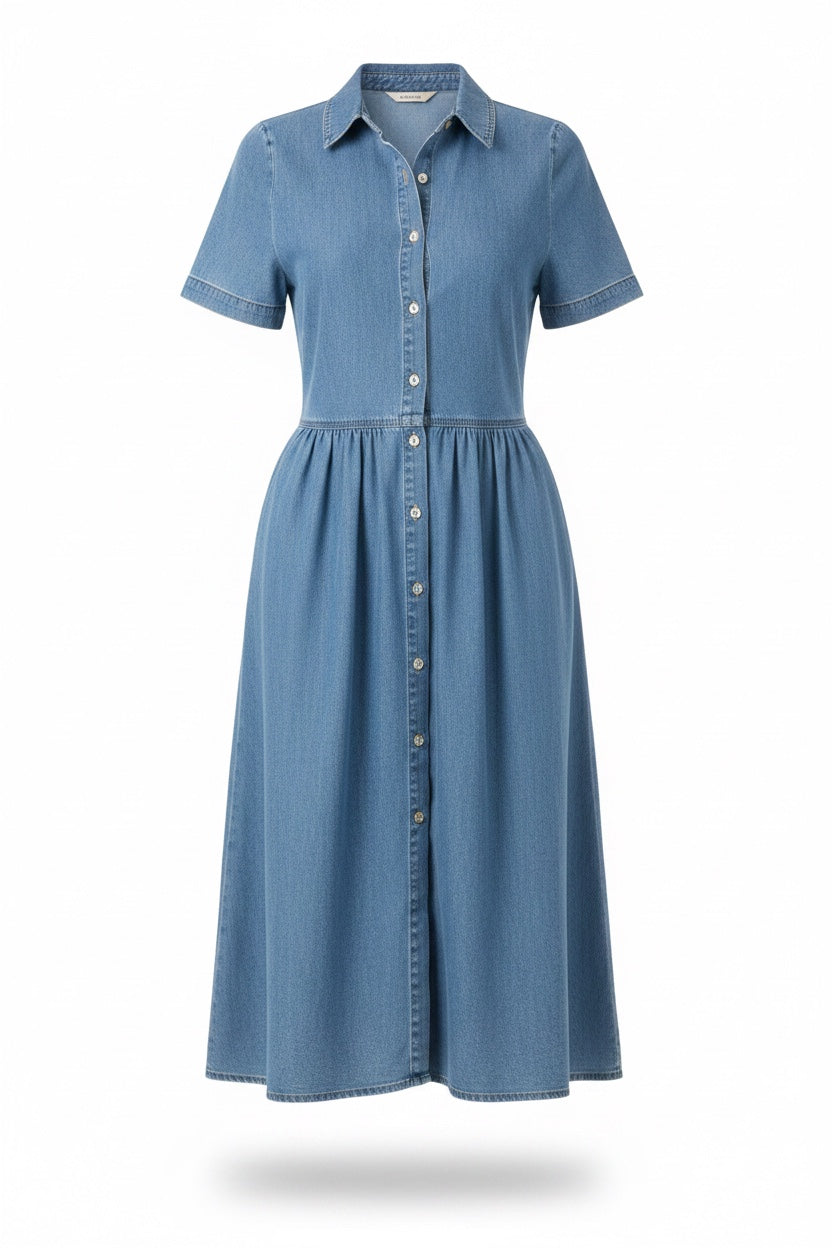 Vivian & Cole Aada denim midi dress with short sleeves, collar, and front button closure in light blue wash.