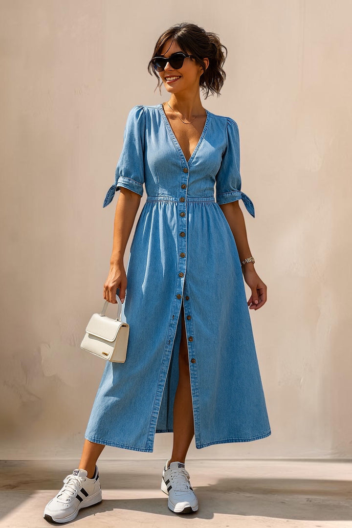 Vivian &amp; Cole Jacqueline elegant light blue denim midi dress with button-down front and tie-sleeve detail