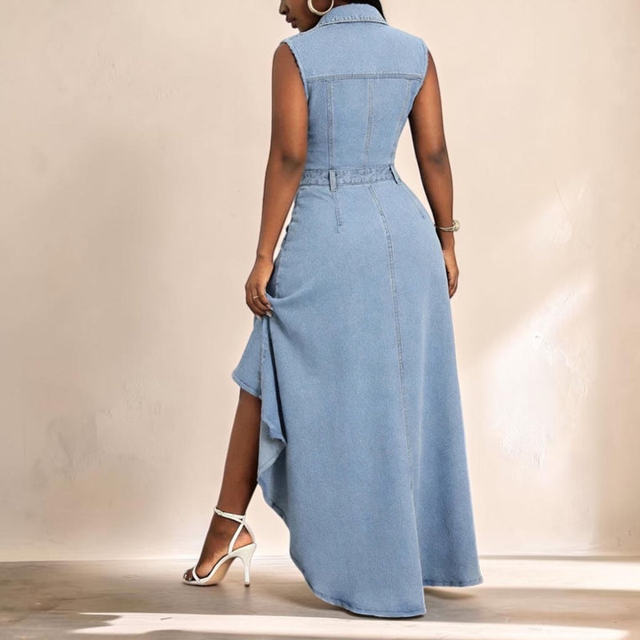 Vivian &amp; Cole Mireille sleeveless light blue vintage washed denim shirt dress with A-line skirt, back view