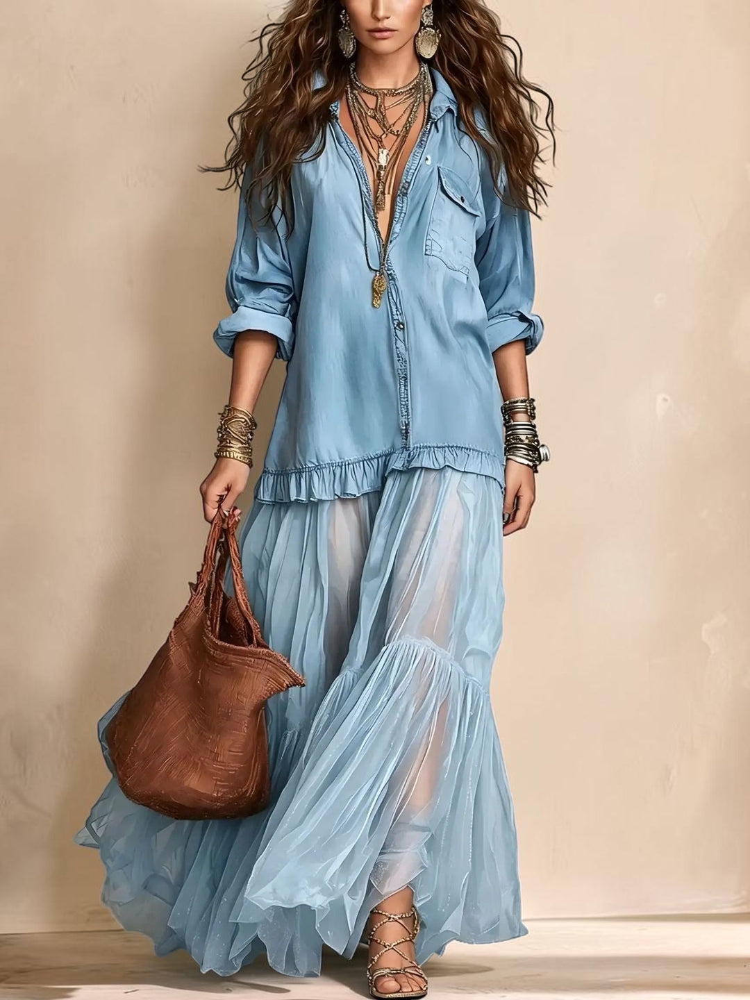 Vivian &amp; Cole light blue denim-look shirt bodice maxi dress with sheer tulle sleeves and layered mesh skirt