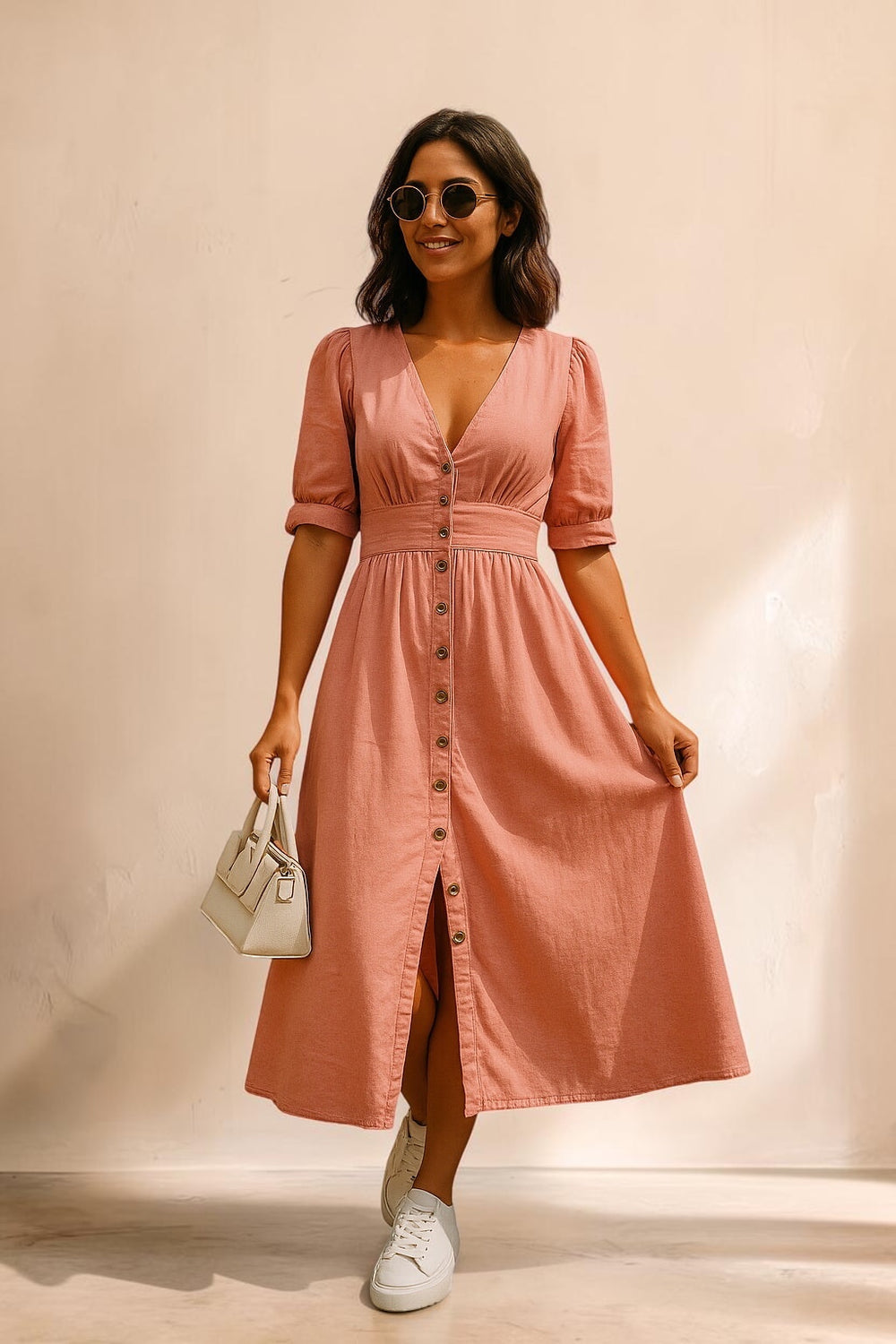 Vivian & Cole Jacqueline elegant dusty rose denim midi dress with a V-neck, button-down front, and puff sleeves.
