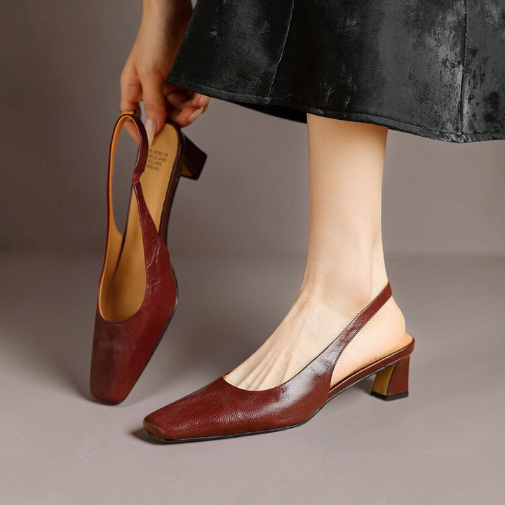 Vivian &amp; Cole Ersa brown genuine leather slingback heels with a stable block heel and square toe design